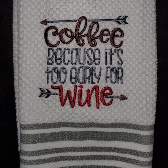 Embroidered Kitchen Towel Grey White Coffee Wine - Picture 2 of 2